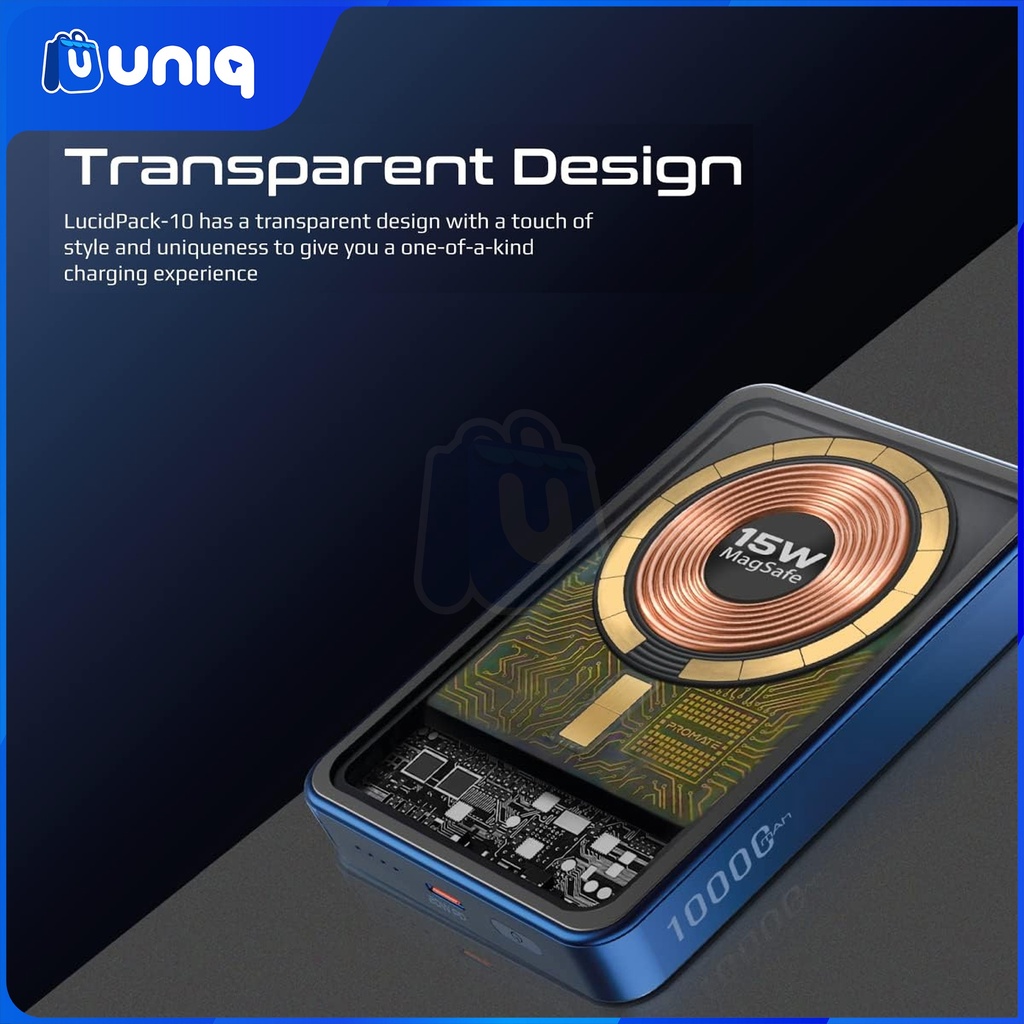 SALE!!! Promate LucidPack-10 10000mAh Transparent MagSafe Wireless Charging Power Bank (Blue)