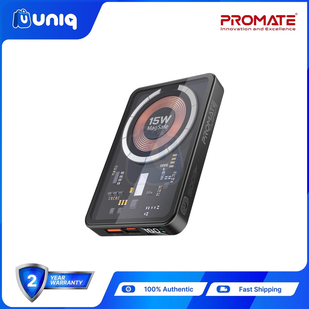 SALE!!!  Promate TransPack-5 5000mAh Transparent MagSafe Wireless Charging Power Bank (Black)
