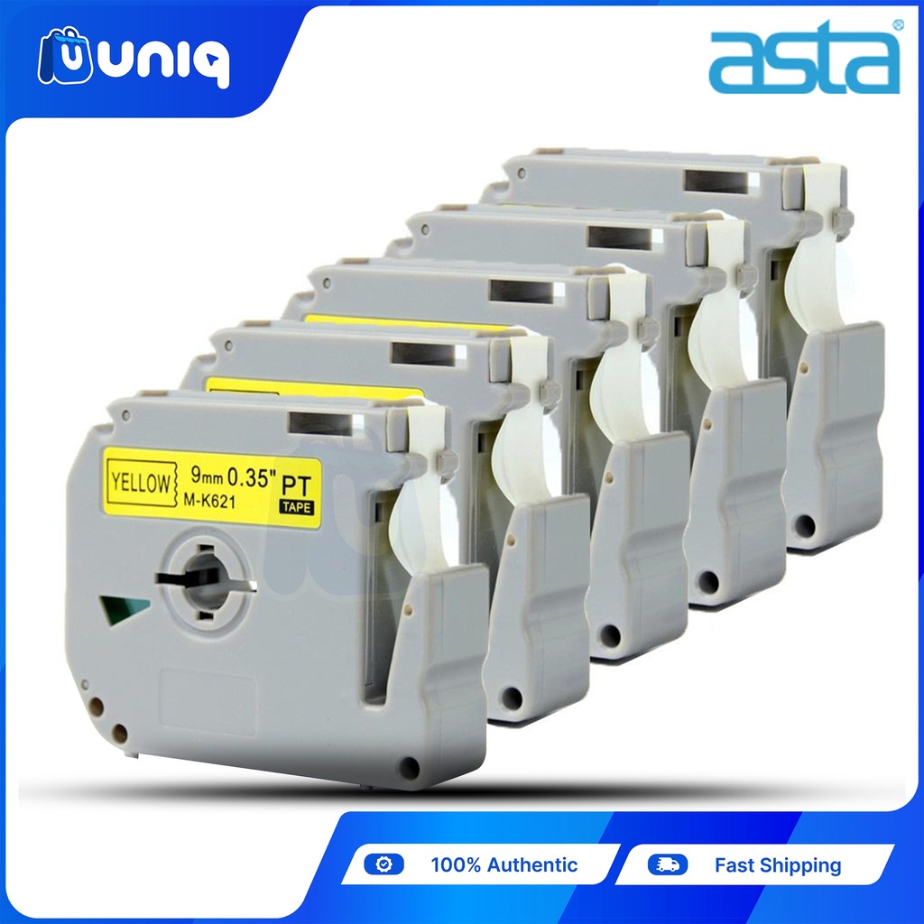 ASTA 5pcs. MK-621 Label Tapes for Brother P-touch Label Printer 9mm (Black on Yellow)