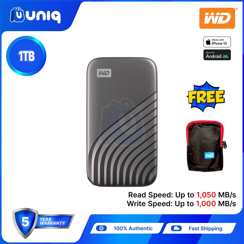 WD My Passport SSD 1TB (Gray) External SSD (WDBAGF0010BGY-WESN) with FREE WD Pouch