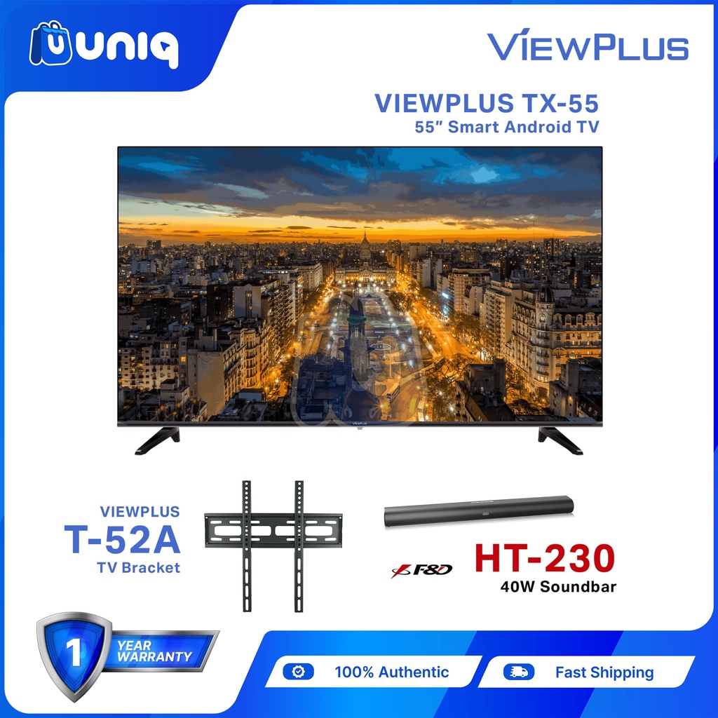 (Bundle Promo) ViewPlus TX-55 4K Ultra HD 55" Smart Android TV with Wall Bracket and F&D HT-230 40W Soundbar
