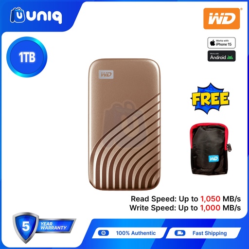 [Portable SSD-27B_Gold] WD My Passport SSD 1TB (Gold) External SSD (WDBAGF0010BGD-WESN) with FREE WD Pouch
