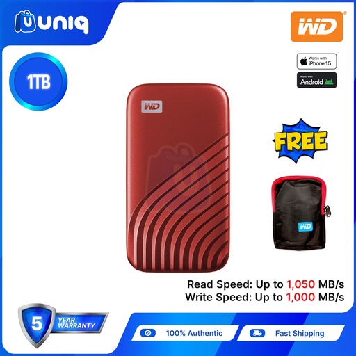 [Portable SSD-27B_Red] WD My Passport SSD 1TB (Red) External SSD (WDBAGF0010BRD-WESN) with FREE WD Pouch