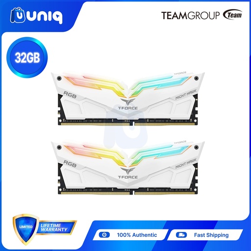 [MEM-27_White32] Team Elite T-Force Night Hawk Legend 32GB (2X16GB) DDR4 3600mhz RGB Desktop Memory