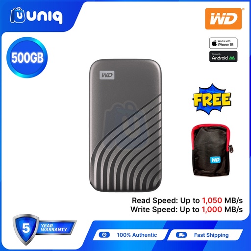 [Portable SSD-27A_Gray] WD My Passport SSD 500GB (Gray) External SSD (WDBAGF5000AGY-WESN) with FREE WD Pouch