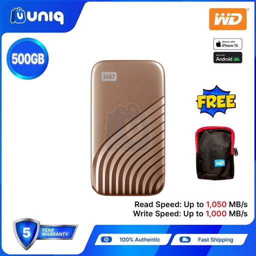 [Portable SSD-27A_Gold] WD My Passport SSD 500GB (Gold) External SSD (WDBAGF5000AGD-WESN) with FREE WD Pouch