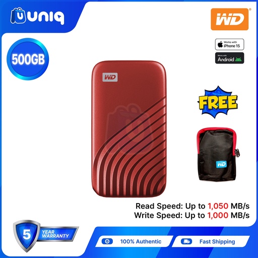 [Portable SSD-27A_Red] WD My Passport SSD 500GB (Red) External SSD (WDBAGF50000ARD-WESN) with FREE WD Pouch
