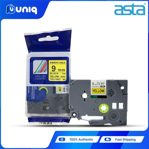 [ASTA Label Casette_11] ASTA TZ-FX621 Flexible Label Tapes for Brother P-touch Label Printer 9mm (Black on Yellow)