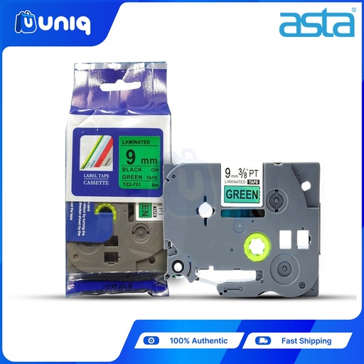 [ASTA Label Casette_26] ASTA TZ-721 Label Tapes for Brother P-touch Label Printer 9mm (Black on Green)