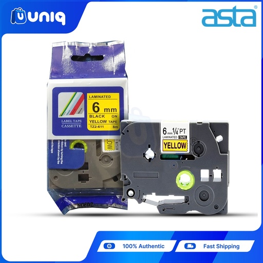 [ASTA Label Casette_21] ASTA TZ-611 Label Tapes for Brother P-touch Label Printer 6mm (Black on Yellow)