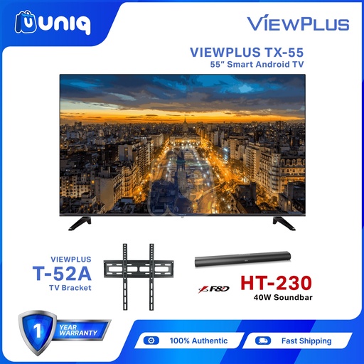 [MN-75Bundle] (Bundle Promo) ViewPlus TX-55 4K Ultra HD 55" Smart Android TV with Wall Bracket and F&D HT-230 40W Soundbar