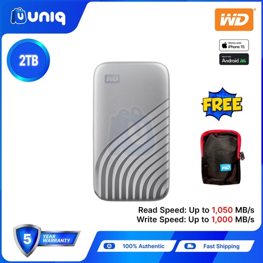 [Portable SSD-27C_Silver] WD My Passport SSD 2TB (Silver) External SSD (WDBAGF0020BGY-WESN) with FREE WD Pouch